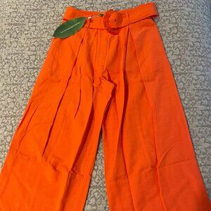 Farm Rio wide leg, orange pleated pants with belted waist
